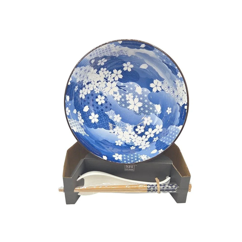 SH Home Blue Floral Ceramic Ramen Noodle Bowl 49oz With Chopsticks And Spoon 4pc